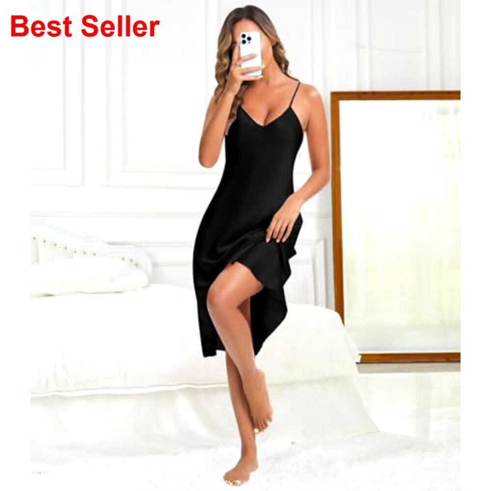Long Satin Nightgown V-Neck Adjustable Straps Ruffle Hem Sleepwear - Picture 4 of 6